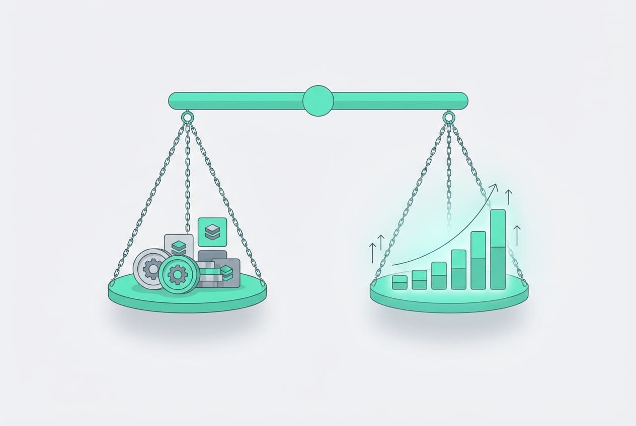 Weegschaal met investering links en stijgende ROI rechts - AI business case en ROI-onderbouwing voor bedrijven in Zuid-Limburg