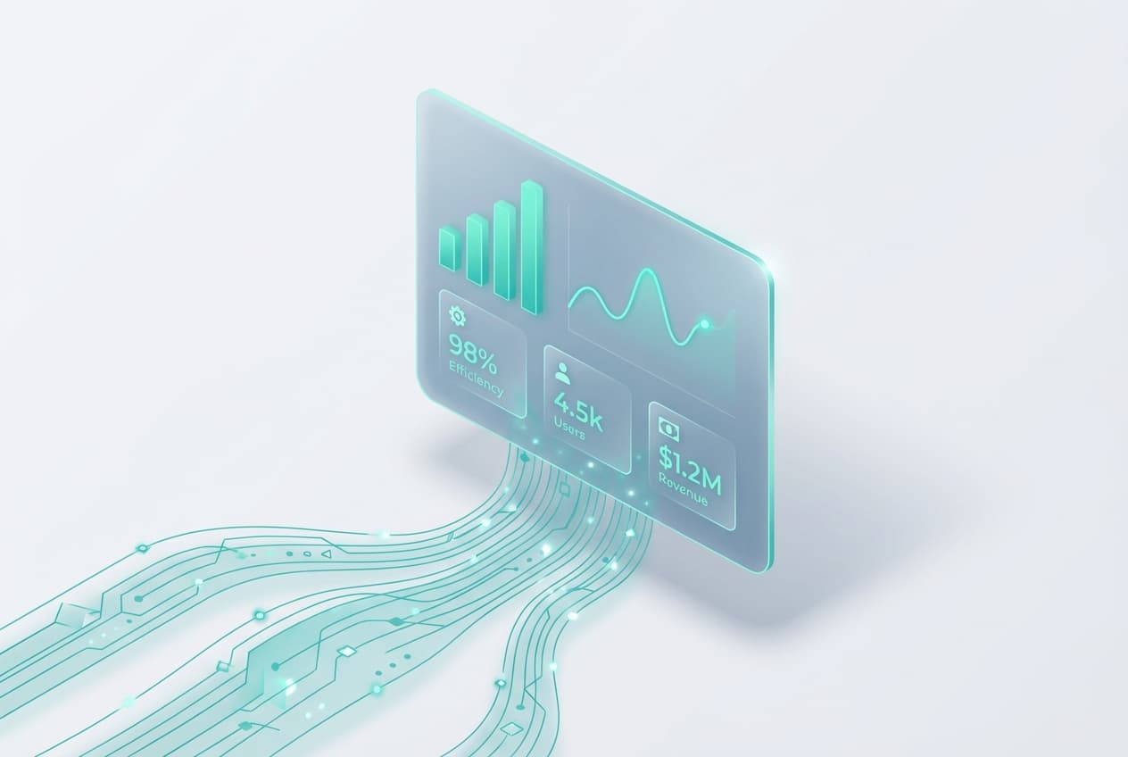 Interactief AI dashboard met teal staafdiagrammen, lijngrafiek en KPI-kaarten - AI dashboard ontwikkeling voor datagedreven bedrijven in Limburg