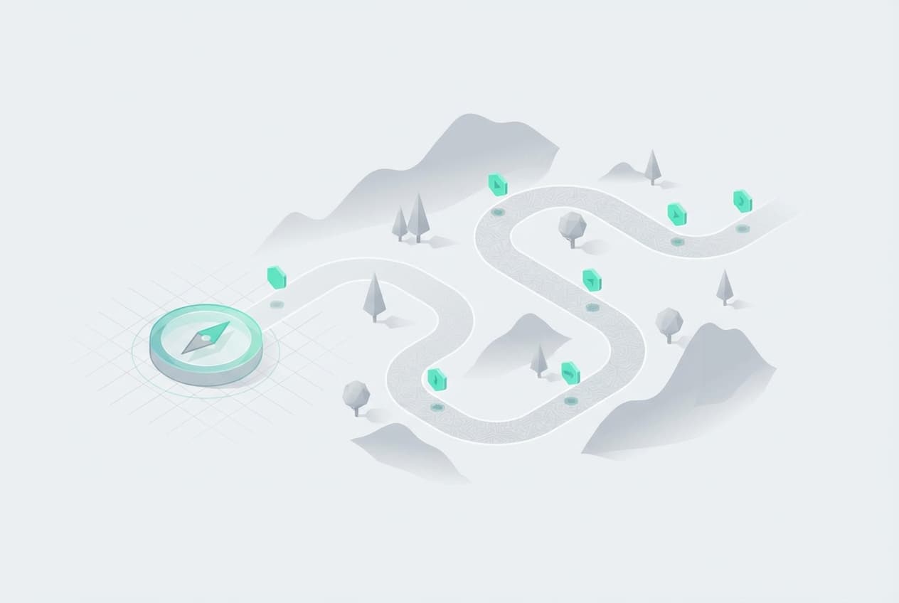 AI implementatie roadmap: pad met teal mijlpalen en kompas - stap-voor-stap AI uitvoeringsplan voor bedrijven in Limburg