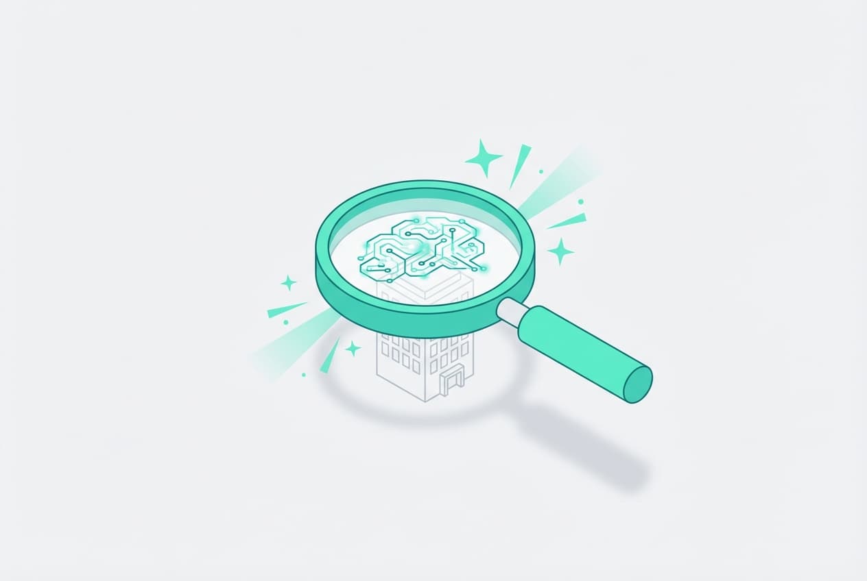 AI quickscan: vergrootglas met AI-circuit scant bedrijf op automatiseringsmogelijkheden - gratis AI quickscan voor bedrijven in Zuid-Limburg