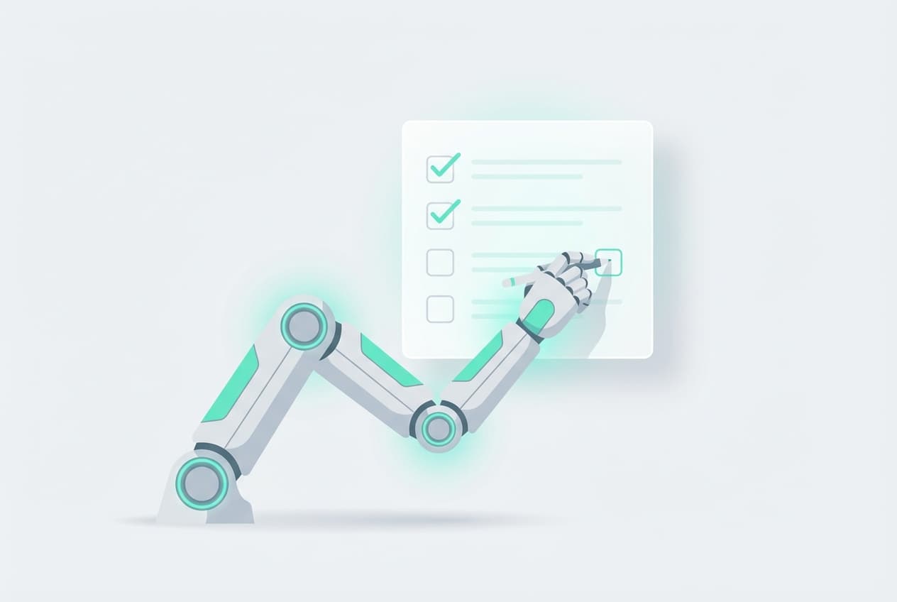 Autonome AI voert taakenlijst zelfstandig uit met teal vinkjes - AI taakautomatisering zonder menselijke tussenkomst in Zuid-Limburg