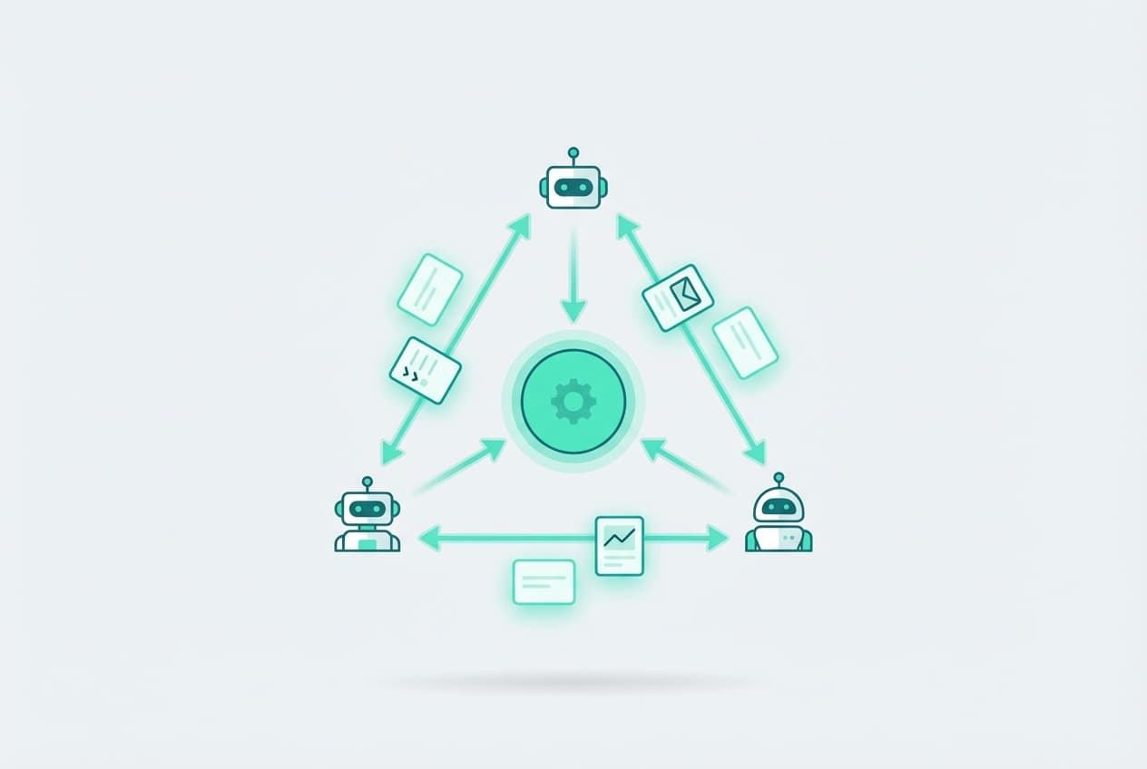 Multi-agent orkestratie: drie AI-agents werken samen via centrale orchestrator - intelligente AI-samenwerking voor complexe bedrijfsprocessen