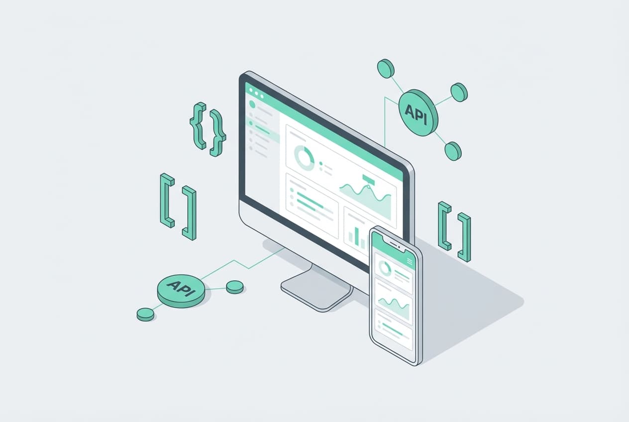 AI-gestuurde web app op desktop en smartphone met teal accent grafieken - web en mobiele app ontwikkeling met ingebouwde AI in Limburg